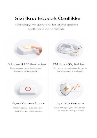 3680w 1050j Akım Korumalı 5li Priz 2 Usb 2 Type-c 3.4a Dokunmatik Led Anahtarlı 2m Kablo Çoklu Priz Siyah