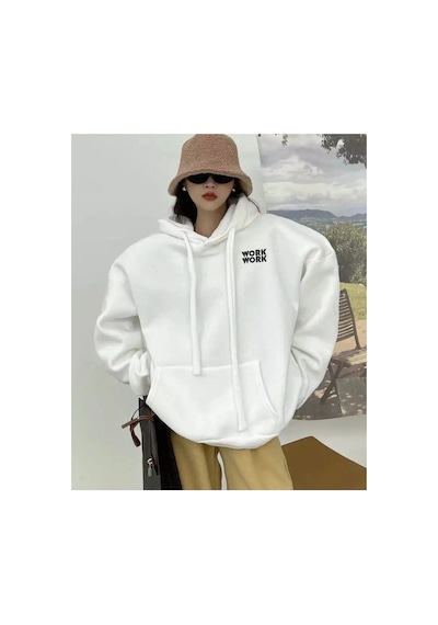 Tarzsokak Büyük Beden Kapüşonlu Work Work Baskılı Tam Kışlık Geniş Oversize Kadın Sweatshırt Beyaz