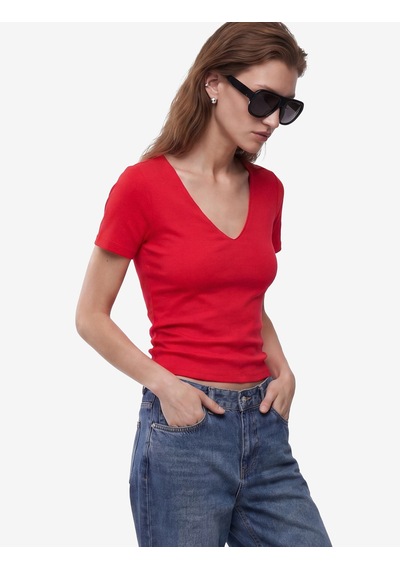 Koton Pamuklu Slim Fit Kısa Kollu V Yaka Tişört Kırmızı 6sak50425ek
