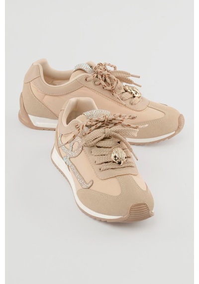 Mubiano Kadın Anorak Sneaker Süet Detaylı Kuş Aksesuarlı Bağcıklı Spor Ayakkabı Aquila Bej Bej