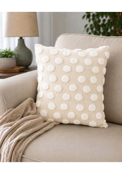Bubble Punch Dekoratif Kırlent Kılıfı 43x43 Cm Dokulu Ponponlu Bohem Modern Koltuk Yastık Kılıfı Salon Oturma Odası Dekoru Krem