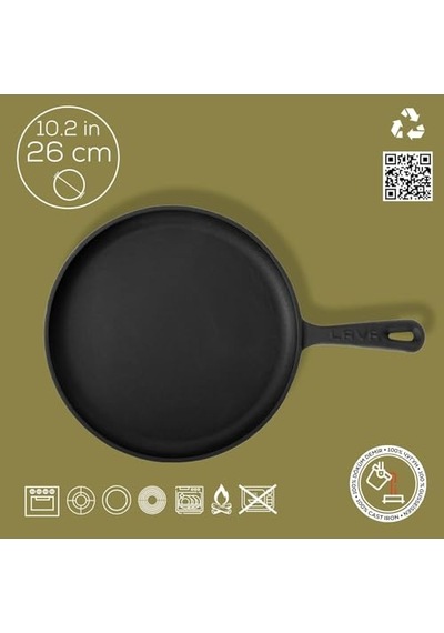 Lava Döküm Krep / Pizza / Pancake Tavası, Yuvarlak, Metal Saplı, 26cm, Siyah