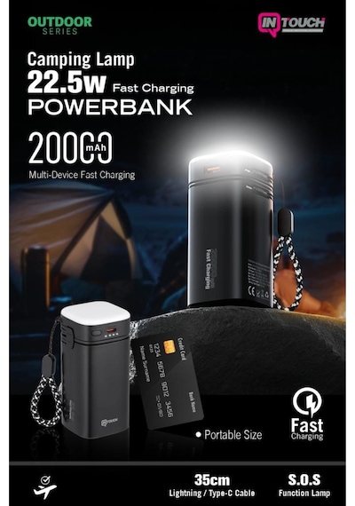 Intouch 20000 Mah 22.5w Pd Hızlı Kablolu Kamp Lambası Outdoor Serisi Powerbank Siyah