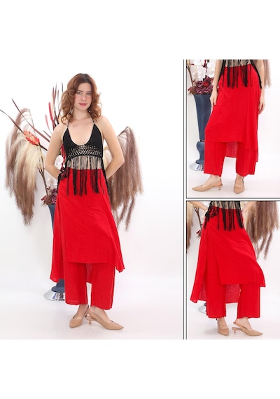 Bohem Stil İtalyan Ham Keten Pantolon Etek-8747 Kırmızı