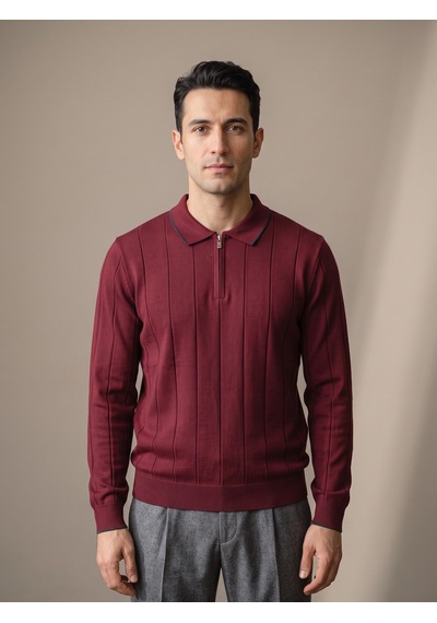 Maccali Erkek Bordo Fitilli Biyeli Fermuarlı Polo Yaka Triko Kazak