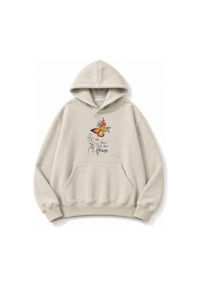 Herkesemoda Portre Ve Kelebek Baskılı Kapüşonlu 2 İplik Şardonlu Sweatshirt Bej