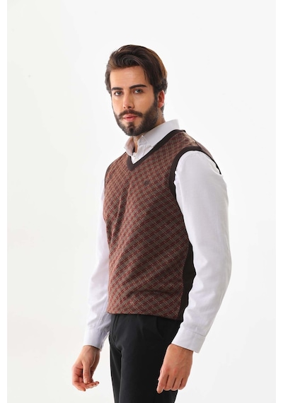 Pelikan Erkek V Yaka Desenli Süveter 7623 Kahverengi