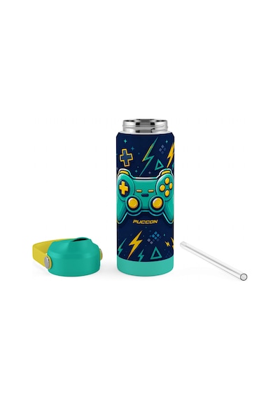 Puccon 540 Ml Oyun Konsolu Baskılı Sarı - Yeşil Erkek Çocuk Pipetli Çelik Termos Matara/suluk - 60045
