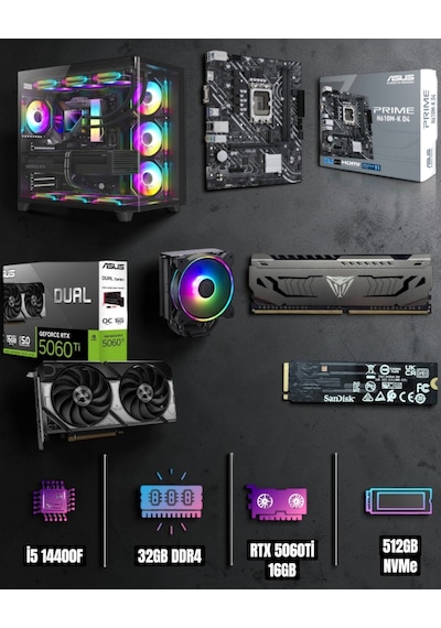 Symoon SYMOONPC0016 i5-14400F 32 GB 512 GB NVMe SSD 16 GB RTX5060Ti Free Dos Masaüstü Oyuncu Bilgisayarı