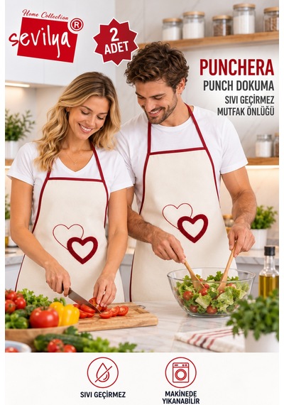 Punchera 2li Paket Punch Nakışlı Sıvı Su Geçirmez Mutfak Önlüğü Kalp