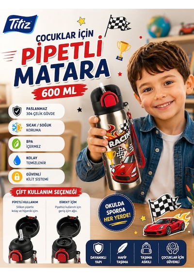 Titiz Siply 600 Ml 304 Paslanmaz Çelik Çocuk Matarası Pipetli Ve Direkt İçim Çift Kullanımlı Çok Renkli