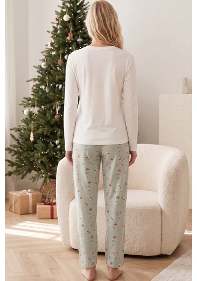 Siyah İnci Yılbaşı Temalı Pamuklu Likralı Örme Pijama Takım26241181 Beyaz