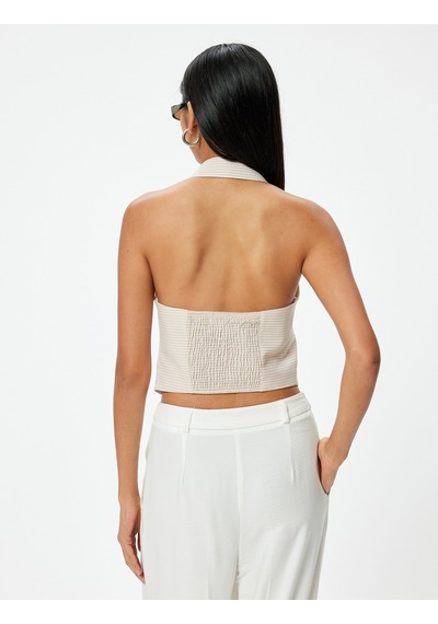 Koton Halter Yaka Yelek Crop Düğmeli Ters Yaka Bej Çizgili 4sak20077uw Ekru