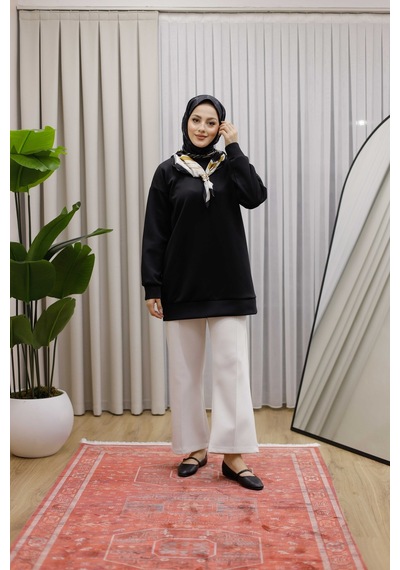 Moonsc Kadın Regular Fit Pamuklu Yaka Fularlı Bisiklet Yaka Siyah Tunik