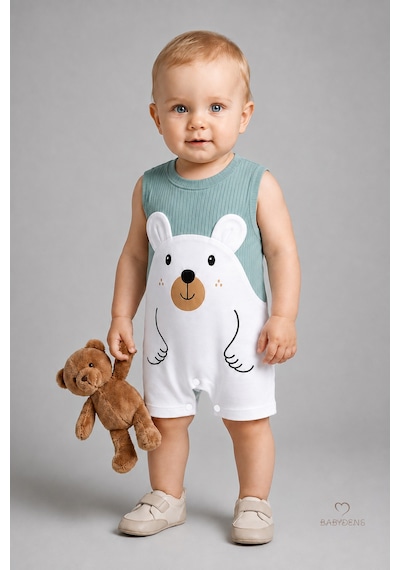 Babyden's Erkek Bebek Yazlık Ayıcık Baskılı Fitilli Tulum %100 Pamuk Kolsuz Şort Tulum Yenidoğan Bebek Romper 0-9 Ay Haki