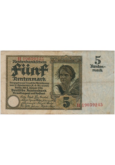 Almanya 5 Rentenmark 1926 Çok Temiz.
