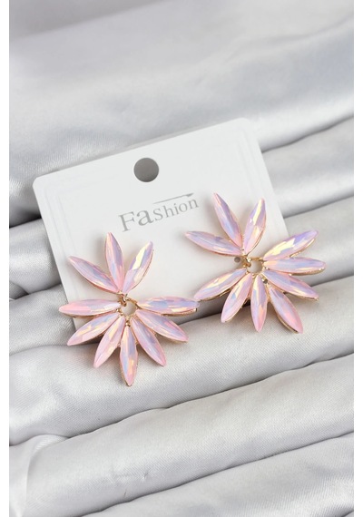 Lotus Tasarımlı Pembe Kristal Taşlı Küpe Çok Renkli
