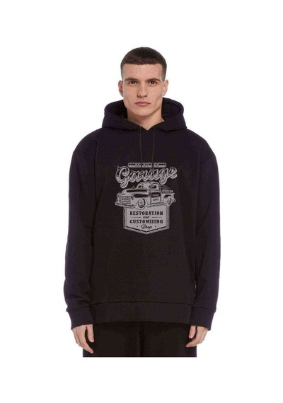 Retro Car Araba Baskılı Siyah Erkek Örme Kapşonlu Sweatshirt