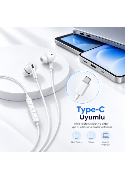 Woyax Mikrofonlu Kablolu Type-c Kulak İçi Kulaklık Silikonlu Güçlü Bass Apple iPhone Android Telefon Tablet Laptop Uyumlu