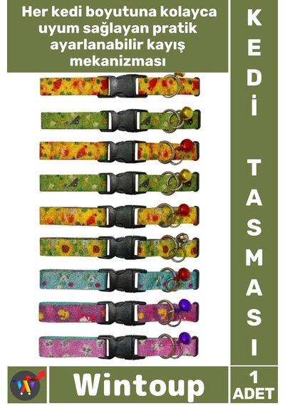 Tasma Ayarlanabilir Dayanıklı Renkli Şık Güvenli Kaliteli Konforlu Desenli Zilli Pet Kedi Tasması