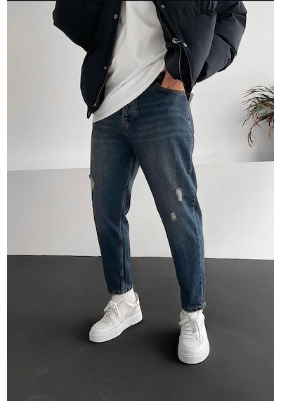 Boyfriend Mavi Taşlamalı Rahat Kalıp Kot Erkek Pantolon Mavi