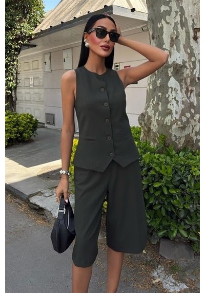 Moderie Butik Midi Şortlu Ve Yelekli Viscon Takım 10167 Çağla