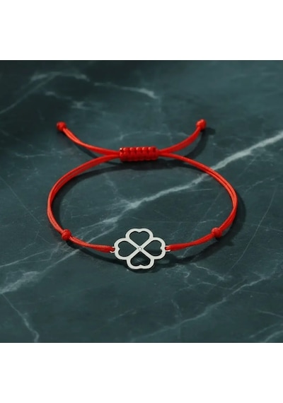 G&a Jewels - Kalpli Yonca - 925 Ayar Gümüş 0.01ct Pırlanta Taşlı Kırmızı İpli Bileklik Gümüş - Kırmızı