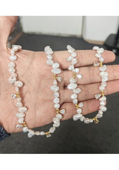 925 Ayar Gümüş Damla Taşlı Gerçek İnci Kolye Zarif Ve Şık Kadın Takı Modeli - Altın Renk Gold