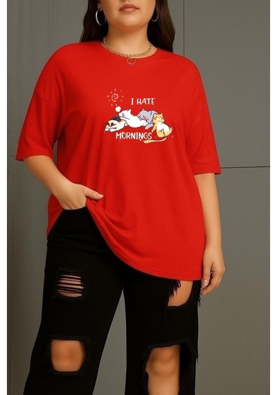 Büyük Beden Uyuyan Kediler Unisex Tişört Kırmızı