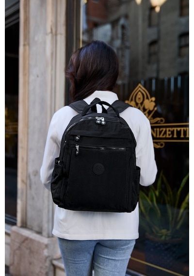 Sanmorris Unisex Suya Dayanıklı Krinkıl Kumaş Çok Gözlü Siyah Laptop Okul Ve Sırt Çantası Siyah