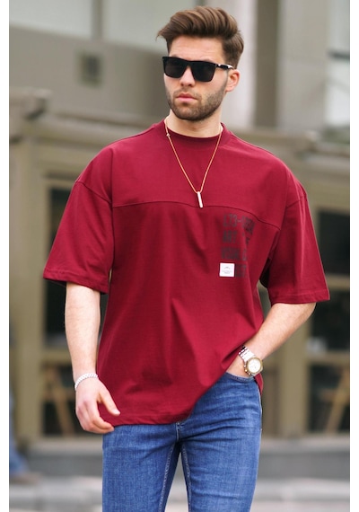 Madmext Bordo Oversize Baskılı Erkek Tişört 6193-bordo Bordo