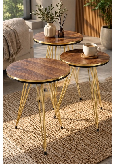 Sulorahome Ceviz Desenli Gold Metal Ayaklı 3'lü Zigon Sehpa Takımı Ceviz - Altın
