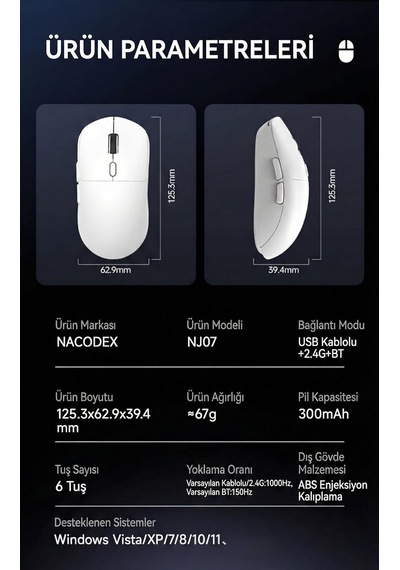 Coverzone Kablosuz Gaming Mouse 12800 Dpı 3 Modlu Bluetooth 2.4g Usb Kablolu 1000hz Raporlama Hızı 67g Ultra Hafif 6 Tuş 300mah Şarjlı Ofis Oyuncu Mouse Ajazz Nj07 Beyaz - Nj07 Coverzone Kablosuz Gaming Mouse 12800 Dpı 3 Modlu Bluetooth 2.4g Usb Kablolu 1000hz Raporlama Hızı 67g Ultra Hafif 6 Tuş 300mah Şarjlı Ofis Oyuncu Mouse Ajazz Nj07 Beyaz - Nj07