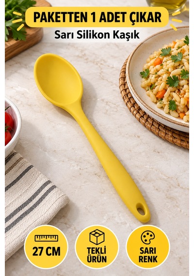 Tekli Sarı Büyük Boy Silikon Kaşık 27 Cm Mutfak Yemek Pişirme Ve Servis Kaşığı Sunum Ve Pişirme İçin