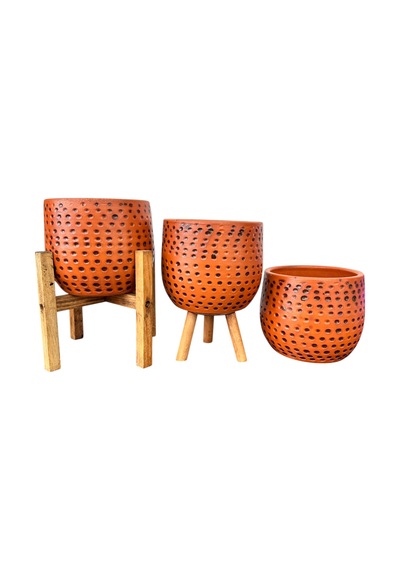 Bitki Tasarımı Siyah Nokta Desenli Terakota Saksı & Saksılık Dekoratif Salon Çiçekliği 3'lü Set 15 Cm