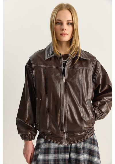 Shade Kadın Dikiş Detaylı Astarlı Beli Lastikli Cepli Oversize Suni Deri Ceket 3173 60283894 - Kahverengi Shade Kadın Dikiş Detaylı Astarlı Beli Lastikli Cepli Oversize Suni Deri Ceket 3173 60283894 - Kahverengi