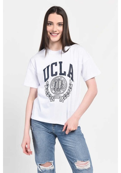 Ucla Avalon Beyaz Bisiklet Yaka Baskılı Oversize Kadın Tshirt Beyaz