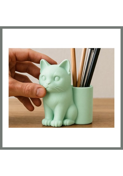 Bezos 3d Baskı Kedi Figürlü Kalemlik - Masaüstü Organizer - Mint Mmbz Mint Yeşili