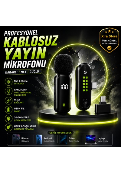 Bwc-10 Çiftli Kablosuz Mikrofon Type-c Lightning Aı Gürültü Engelleme Dijital Ekran Tripodlu 20-30 Metre