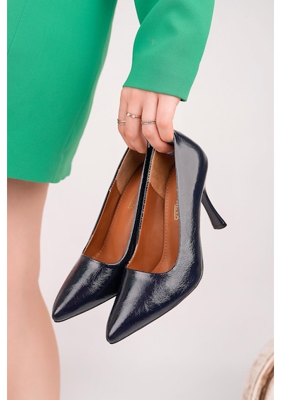 Nesilshoes Nesil Shoes Senyo K72 Laci Rugan Baskı Topuklu Kadın Stiletto Lacivert