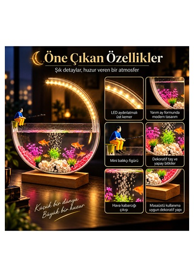 Led Işıklı Dekoratif Masaüstü Akvaryum Yarım Ay Tasarım Hava Kabarcıklı Balık