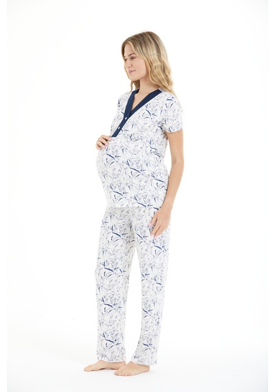 Lılac Kadın %95 Viskon Çiçek Desenli Hamile & Lohusa Düğmeli Pijama Takımı Beyaz - Lacivert