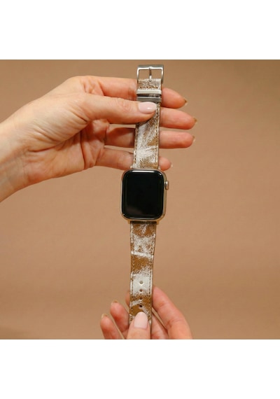 Goldoni Apple Watch Uyumlu Antik Bej İnce Gerçek Deri Kordonu Metal Köprülü