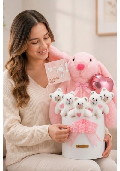 Yenidoğan Kız Bebek Hediyesi Baby Shower Tavşan Uyku Arkadaşı Ve Pembe Peluş Ayıcık Buketi