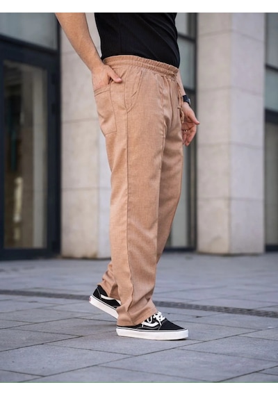 Cvs Giyim Erkek Keten Cepli Çıma Dikişli Jogger Buggy Pantalon Rahat Kalıp - Kahverengi Kahverengi