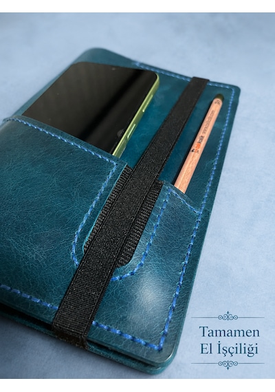 Bilikolik Hakiki Deri A5 Defter Kılıfı, El Yapımı, Telefon Cepli Ajanda Organizer, Defter Ve Kalem Dahil Mavi