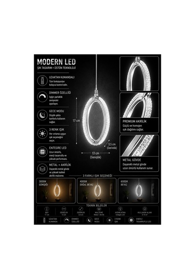 Diamond Modern Tasarım 4'lü Krom Uzaktan Kumandalı 3 Renk Sarı Günışığı Ve Beyaz - Ledli Banyo - Mutfak - Salon Ledli Sarkıt Gümüş