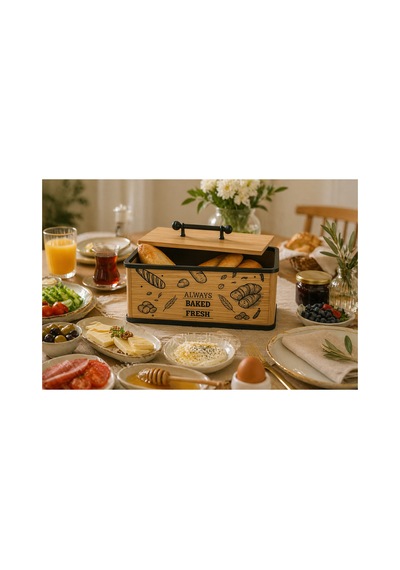 Always Baked Fresh Yazılı Ahşap Ekmeklik Kapaklı Modern Ekmek Saklama Kutusu , Ekmek Sepeti Kahverengi