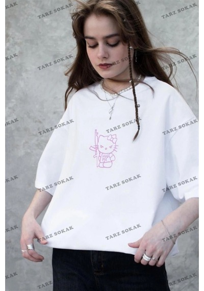 Startmore Unisex Pembe Hug Me Hello Kitty Tshirt Beyaz