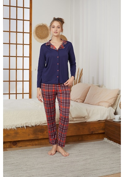 Siyah İnci Gömlek Yaka Düğmeli Milan Örme Pijama Takım25224004 Lacivert Siyah İnci Gömlek Yaka Düğmeli Milan Örme Pijama Takım25224004 Lacivert